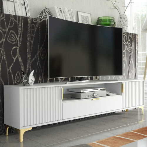 Creative Furniture Tide Crest 200cm White TV Unit Gold - Modern Fluted Design