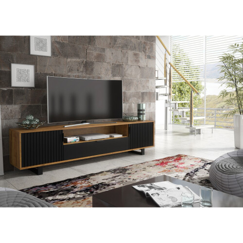 Creative Furniture Blackridge 200cm TV Unit - Oak & Black Fluted Fronts 1