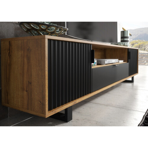 Creative Furniture Blackridge 200cm TV Unit - Oak & Black Fluted Fronts 2