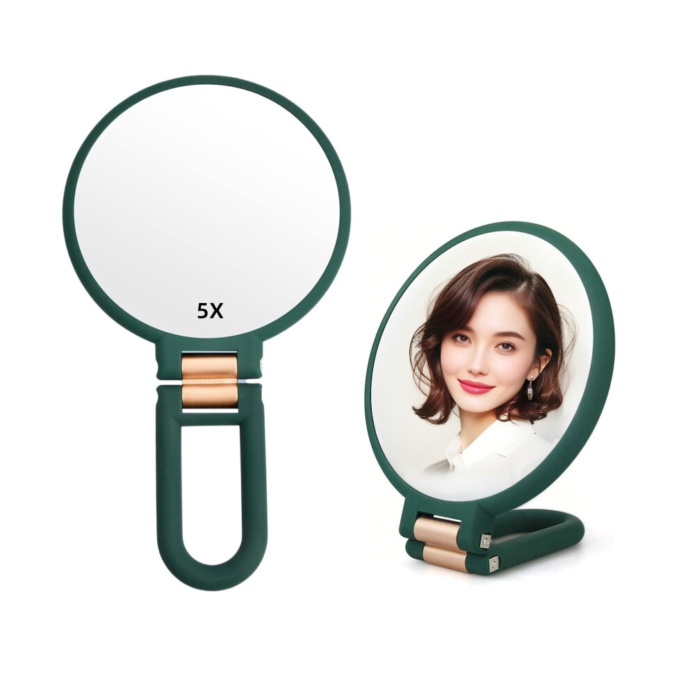 Handheld Mirror 1X 5X Magnifying Travel Mirror With Rotation Adjustable Handle Double Sided Folding For Makeup Green
