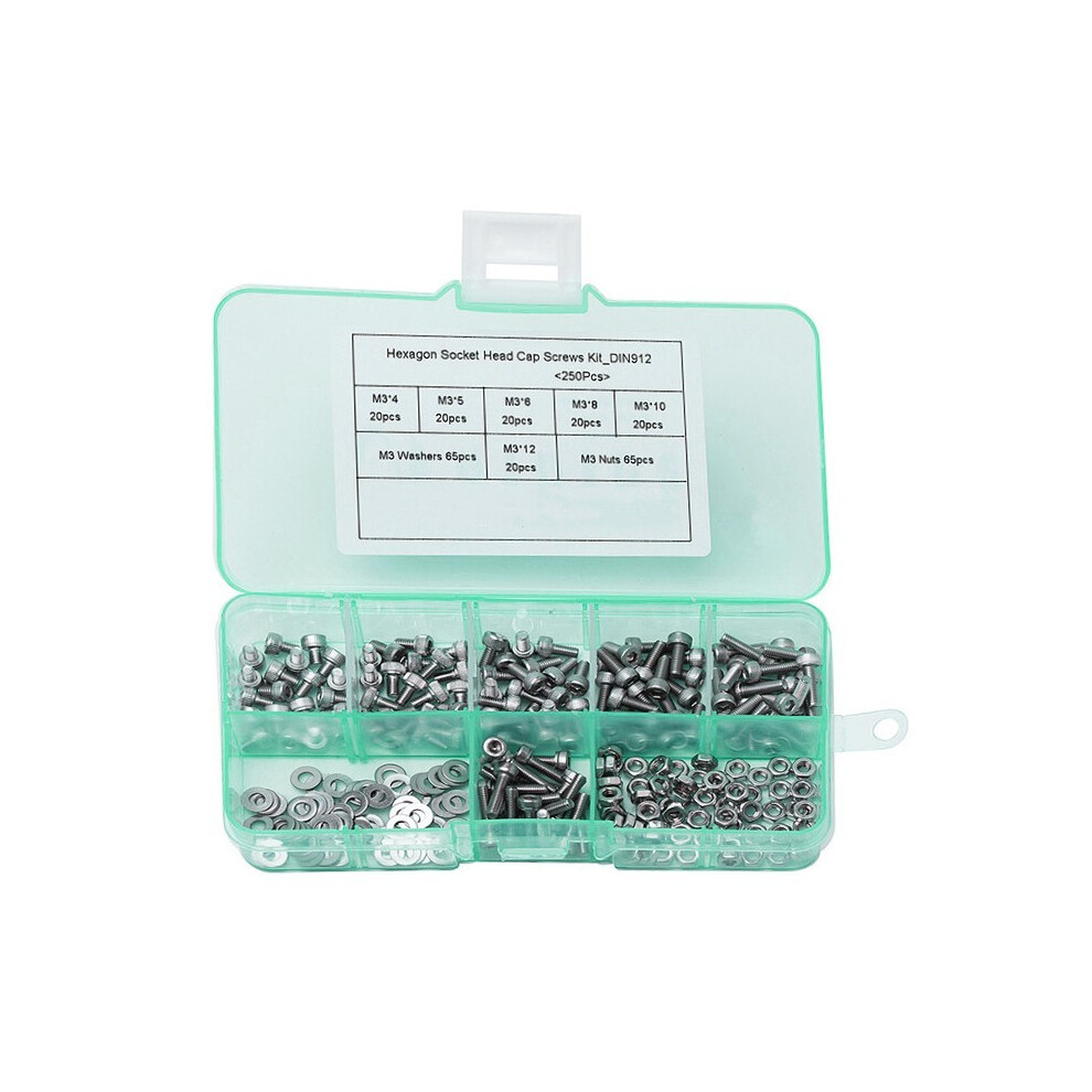 Set M3 Bolts, Nuts And Washers, 250 Pcs 8719762705376