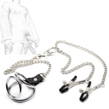 Nipple Clamps With Cock Ring, Penis Ring And Chain - Adjustable Nipple Chain Stimulator, SM Fetish Toy For Men Beginners