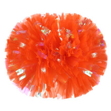 Metallic Cheerleading Pom Poms 6Pcs With Baton Handle Orange Color Hand Flower
