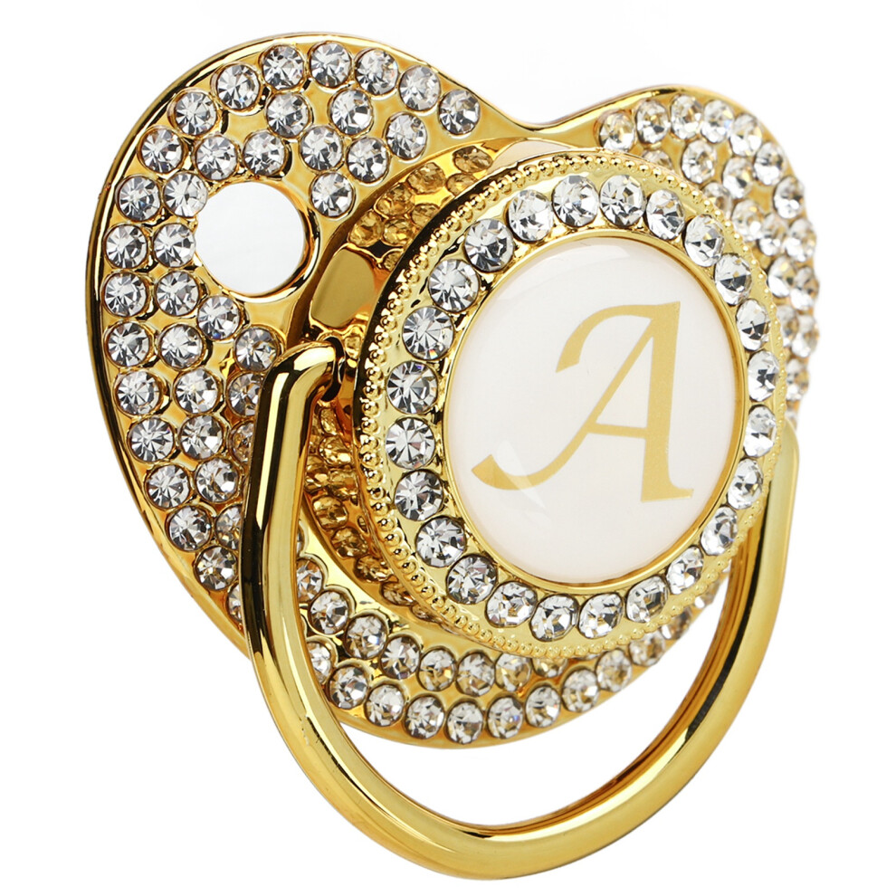 Golden Newborn Pacifier & Clip Set with Curved Design - Letter A