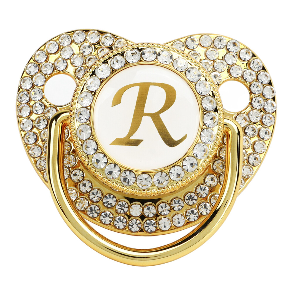 Baby Bling Pacifier Clip Letter R Curved With Dust Cover For Newborns Gold