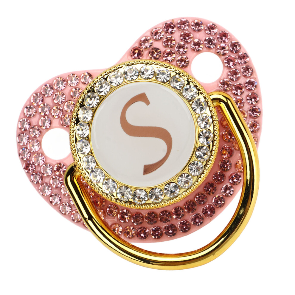 Rhinestone Baby Pacifier Curved Silicone Letter S For Milk & Teething Golden