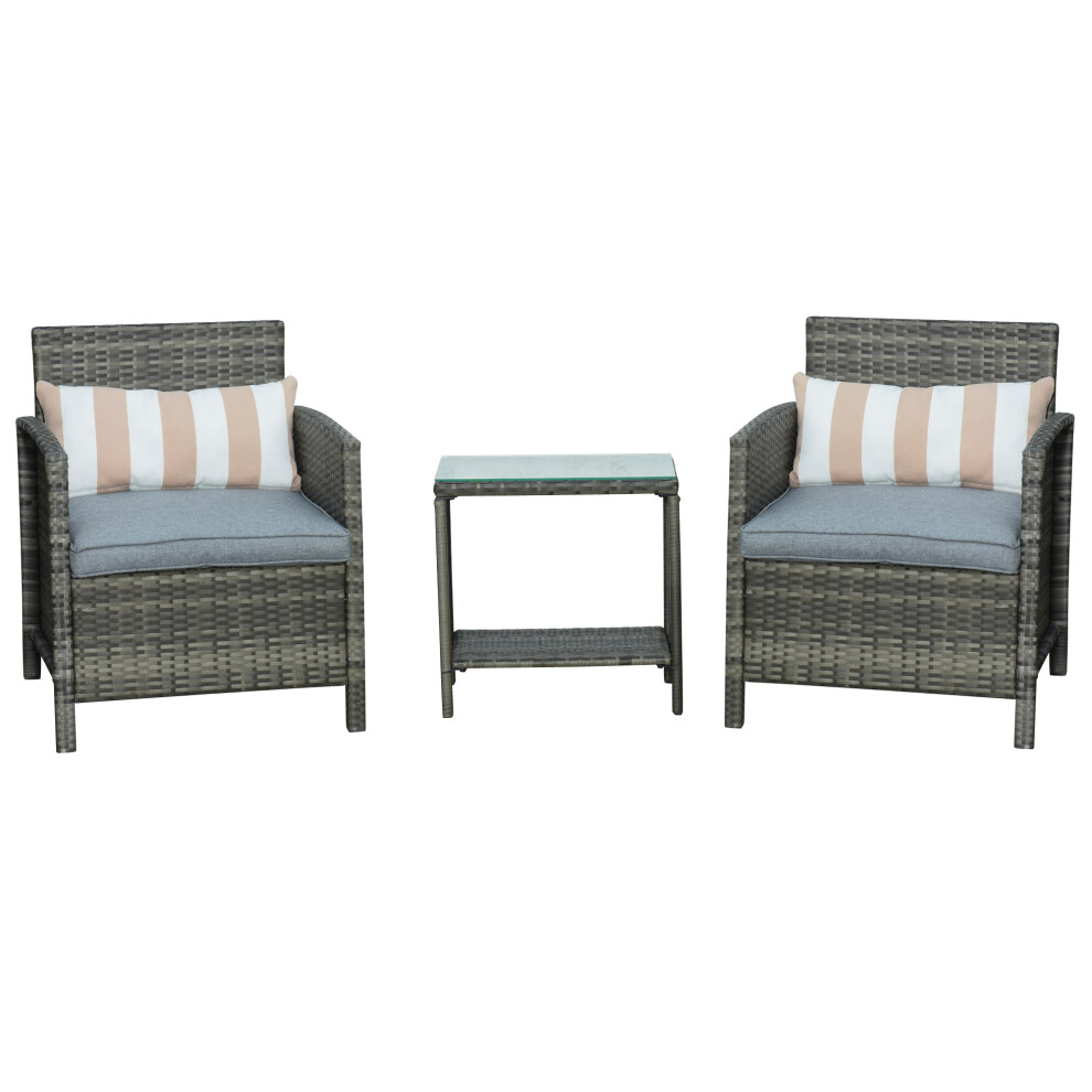 Garden Rattan Bistro Set 3 Piece Wicker Furniture with Washable Cushions Glass Coffee Table Grey Outdoor Patio Balcony-image-OPC-PKZ7V5J-NEW
