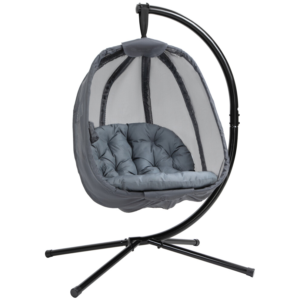 Grey Hanging Egg Chair with Stand Folding Texteline Swing Hammock with Cushion and Storage Side Pocket for Patio & Indoor Use-image-OPC-PKZ7XKS-NEW