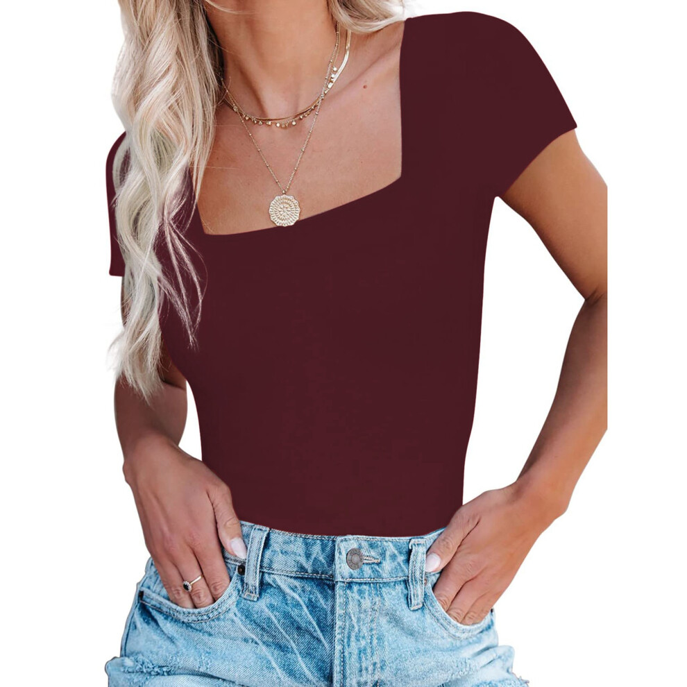 Women Slim Fit Short Sleeve Bodysuit with Buttons - Wine Red L-image-OPC-PKZ7Z8S-NEW