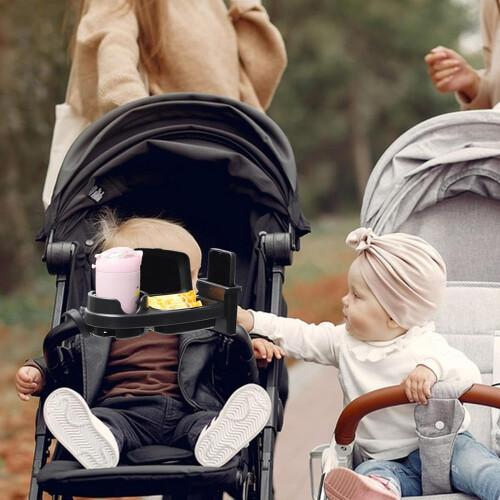 Snack Tray For Stroller - Stroller Tray With Cup Holder, Soft Mount, Flat Surface, Stroller Organizer, Universal Fit 1