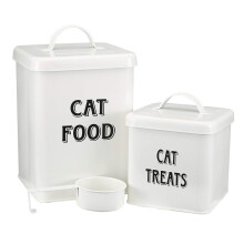 Cat Food and Treats Containers Set With Scoop Vintage White Powder-Coated Carbon Steel Storage Canisters Tight Lids