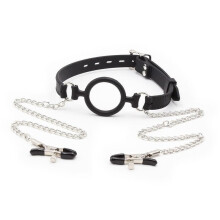 Ring Gag With Chains And Nipple Clamps - BDSM Restraint Kit, Nipple Clamps Included