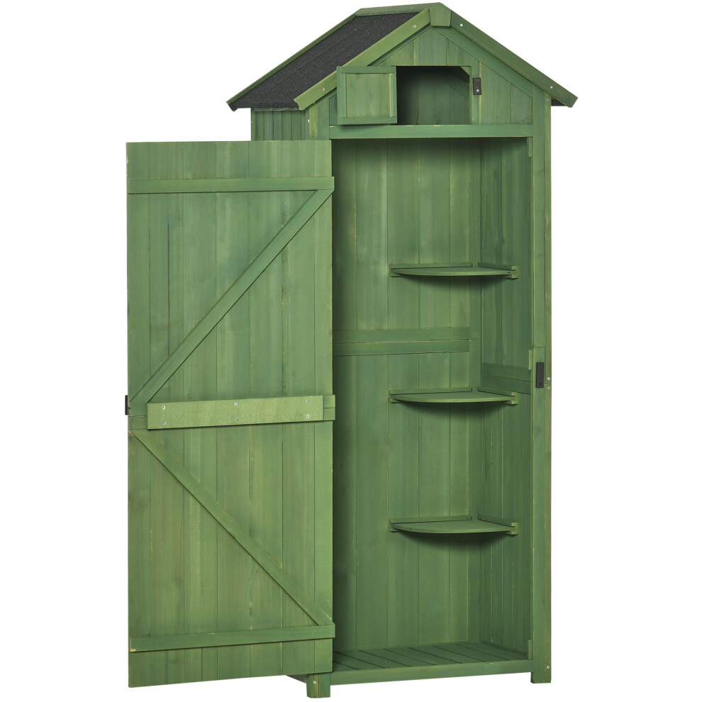 Small Wooden Garden Shed Green 77x54.2x179cm Tall Slim Outdoor Storage Cabinet with Roof Hatch 3 Shelves & Door Latch-image-OPC-PKZ9MTD-NEW