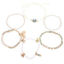 6Pcs Beaded Bracelets for Women White Alloy Resin Vintage Bangle Set