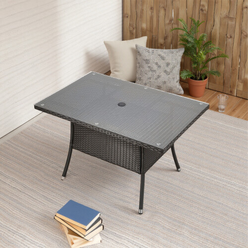 Living And Home 150cm Garden Rattan Tempered Glass Top Rectangular Table with Parasol Hole 1