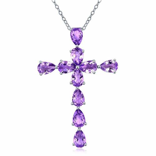 18K White Gold Plated Amethyst Cross Necklace