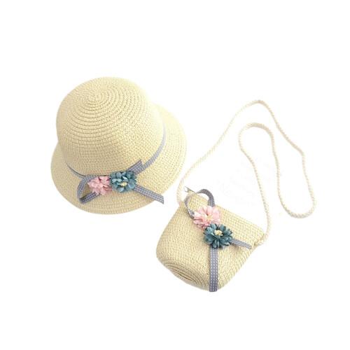 1 set kinderstranduitrusting met strohoed en tasje (beige) 2