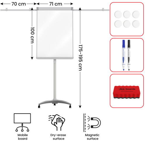 EXCLUSIVE mobile flipchart whiteboard dry erase magnetic surface 100x70 cm with shoulders 1