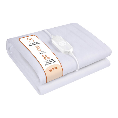 Igenix Double Size Digital Heated Underblanket, 75W, Polyester, 1-9hr Timer, Machine Washable, White