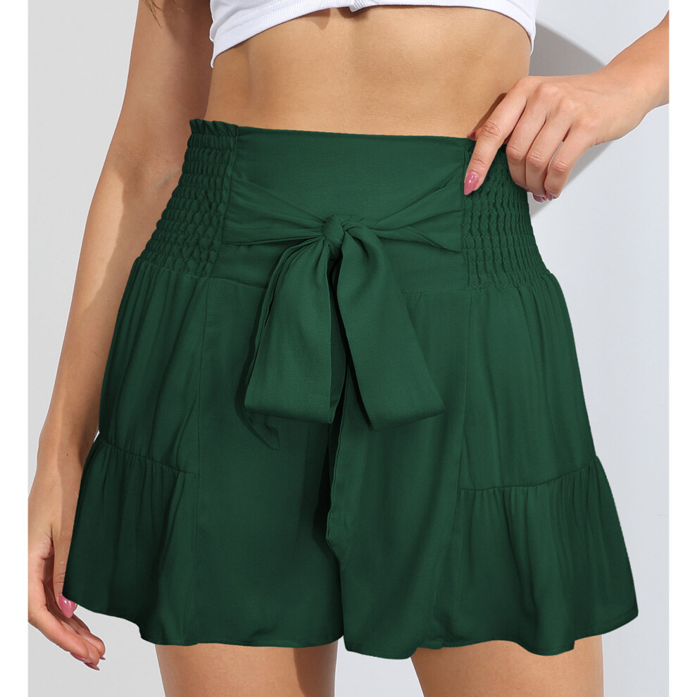 Women Wide Leg Shorts High Waist Shirred Stretchy Bow Tie Summer Blackish Green M-image-OPC-PKZGXVF-NEW