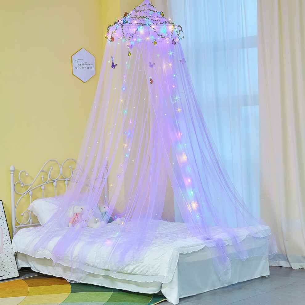 Bed Canopy For Girls Room With LED Lights Mosquito Net DIY Princess Decor Light Purple Stars Butterflies Kids Bedroom