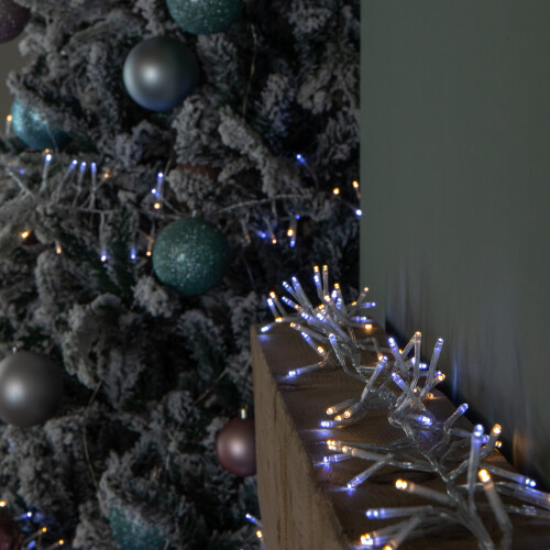 Premier 9.3m 720 LED Christmas Cluster String Lights with Timer in White & Warm White on Clear Cable