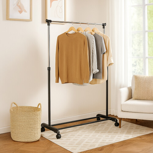Home Discount Single Clothes Rail Hanging Hook Adjustable Wheels 1