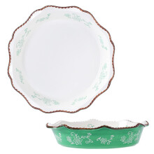 Enamel Roasting Tin And Baking Tray Set, Round Ceramic Pie Pan, Oven To Table, Green Or Red, Two-Piece