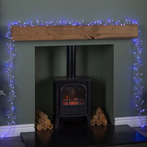 12.4m 960 LED Christmas Cluster Multi-Action String Lights with Timer in Blue, Purple & White on Clear Cable 1
