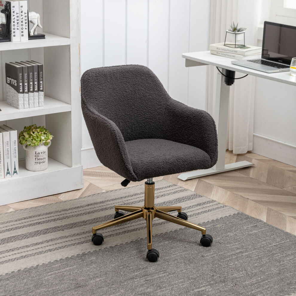 Dark Gray Teddy Fabric Swivel Office Chair with Adjustable Height Gold Legs Ergonomic Indoor Seating for Home Office-image-OPC-PKZHSG2-NEW