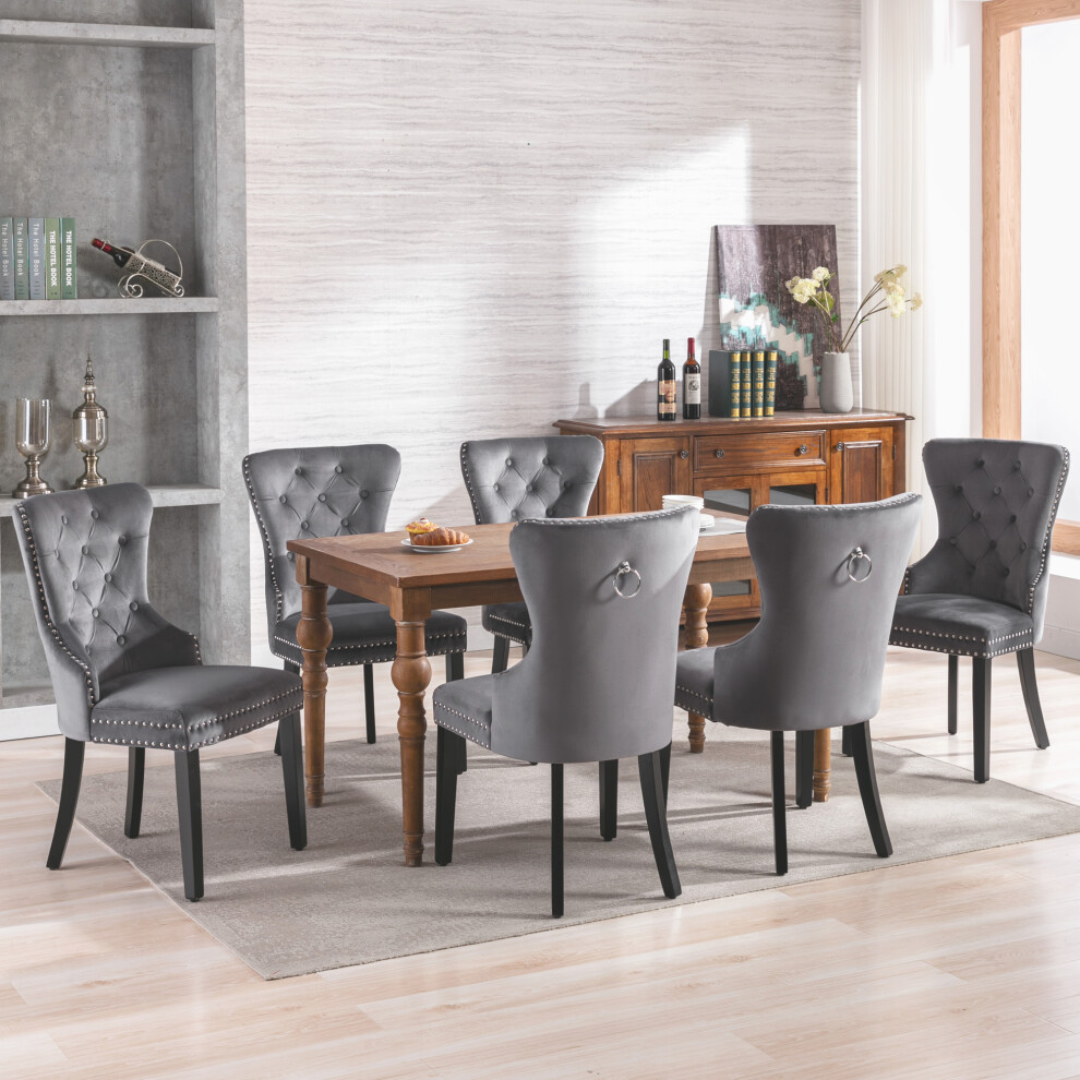 6-Pack Velvet Chairs with Oak Legs Button & Nailhead Trim Chrome Knocker Grey Comfortable Kitchen & Living Room Seating-image-OPC-PKZHXR7-NEW