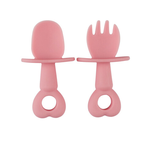 2Pcs Baby Training Tableware Pink Silicone Fork and Spoon Set for Kids 2