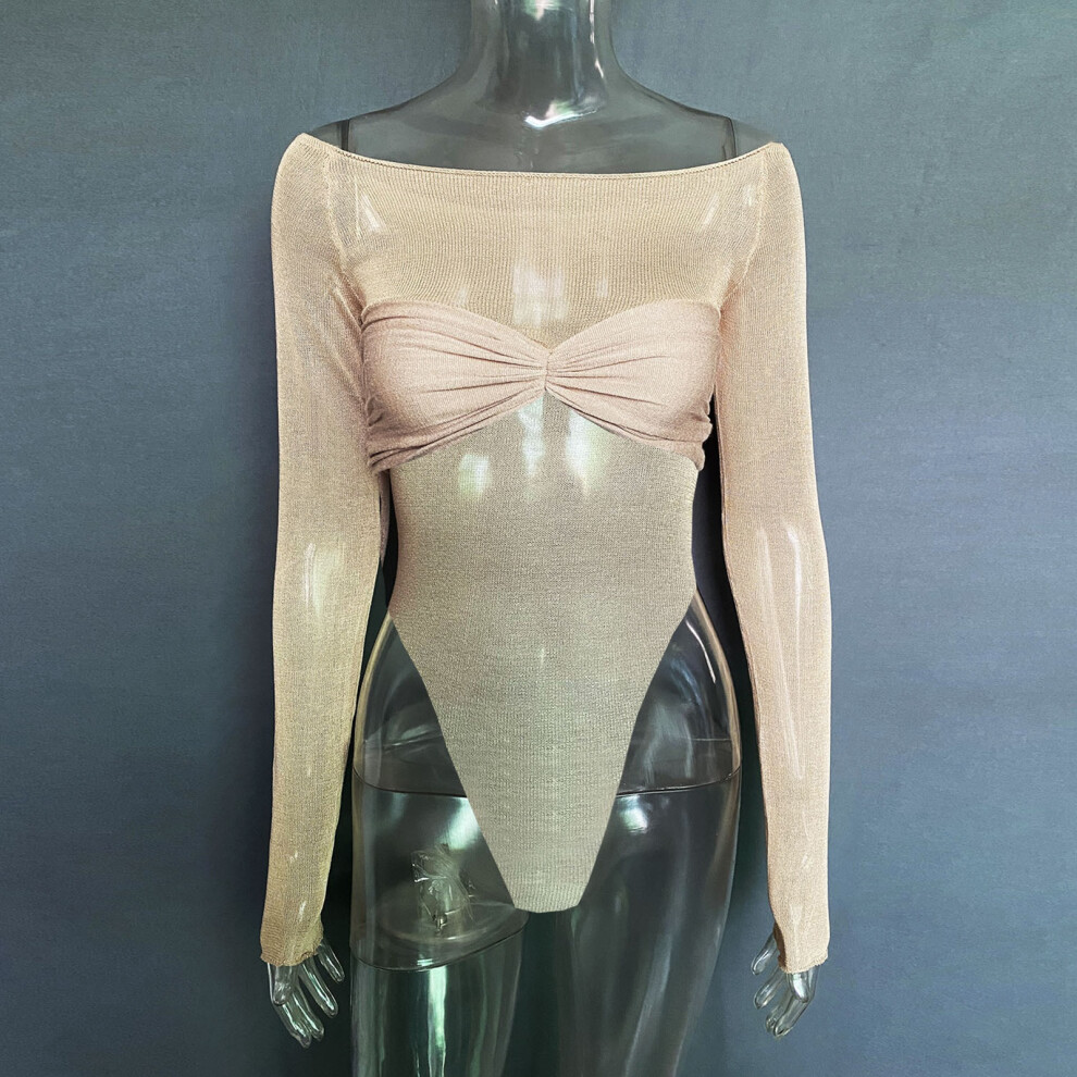 Women's Off Shoulder Bodysuit Pure Color Long Sleeves High Cut Light Tan M-image-OPC-PKZM6W8-NEW
