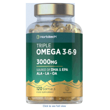 Triple Omega 3 6 9 Capsules 3000mg ALA, LA & OA | 120 Softgels | High Strength EPA & DHA Essential Fatty Acids | Supplement with Fish Oil,