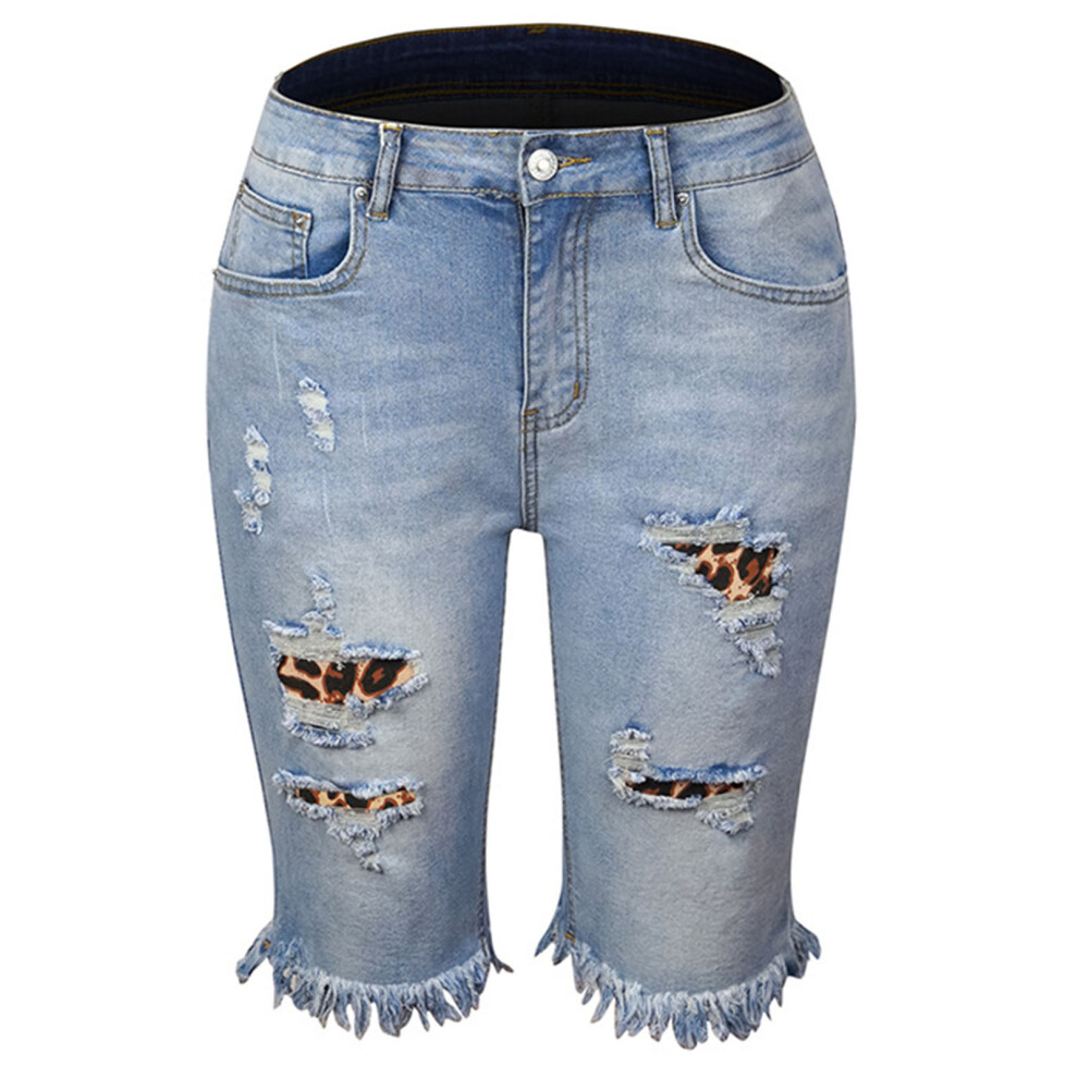 Women's Light Blue Leopard Print Mid Rise Shorts with Pockets & Zipper, Size M-image-OPC-PKZMD7T-NEW