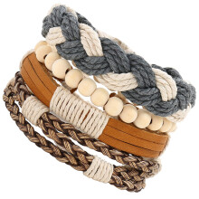 4Stk Modische Lederarmbänder Set Mit Holzperlen Für Damen Mehrfarbig