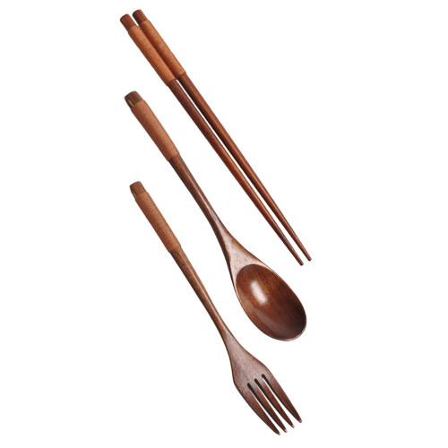 One Set Portable Camping Picnic Tableware Wooden Fork Spoon Chopsticks
