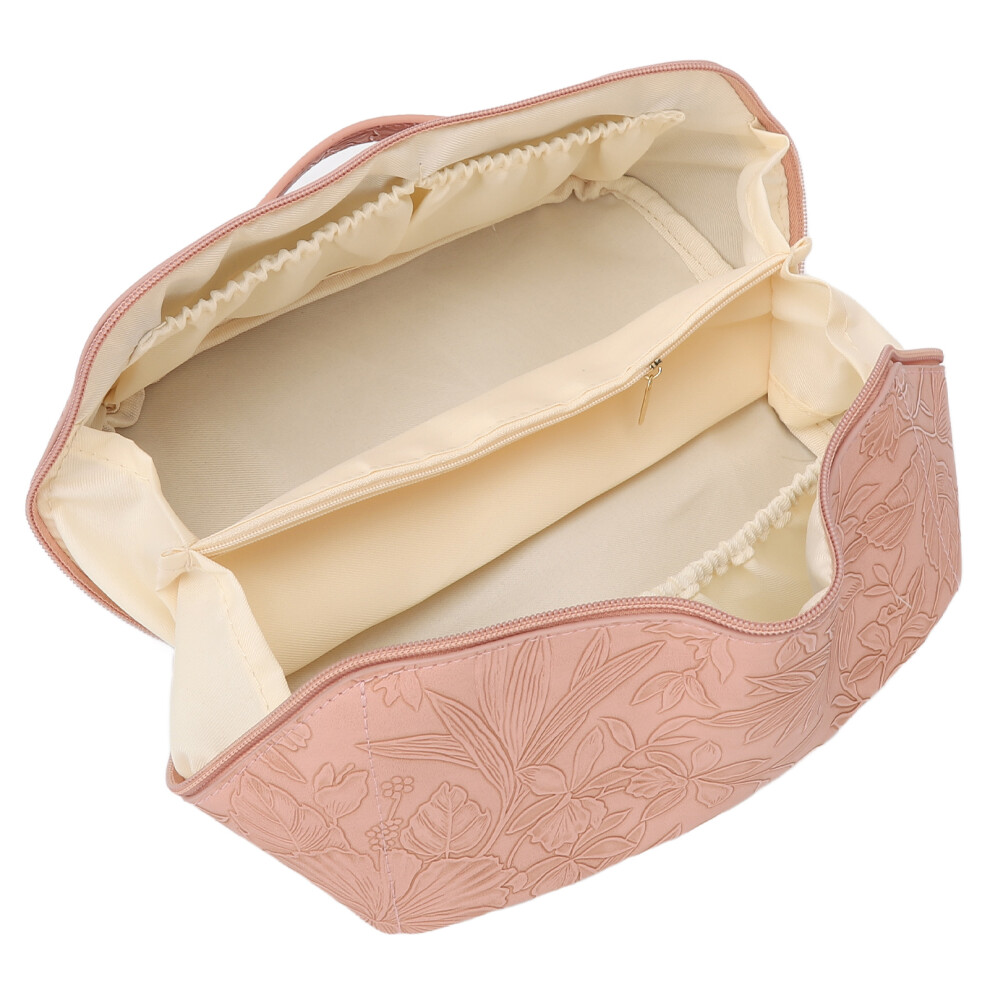 Pink Large Pu Leather Makeup Bag With 180 Opening, Multi-Functional Divider