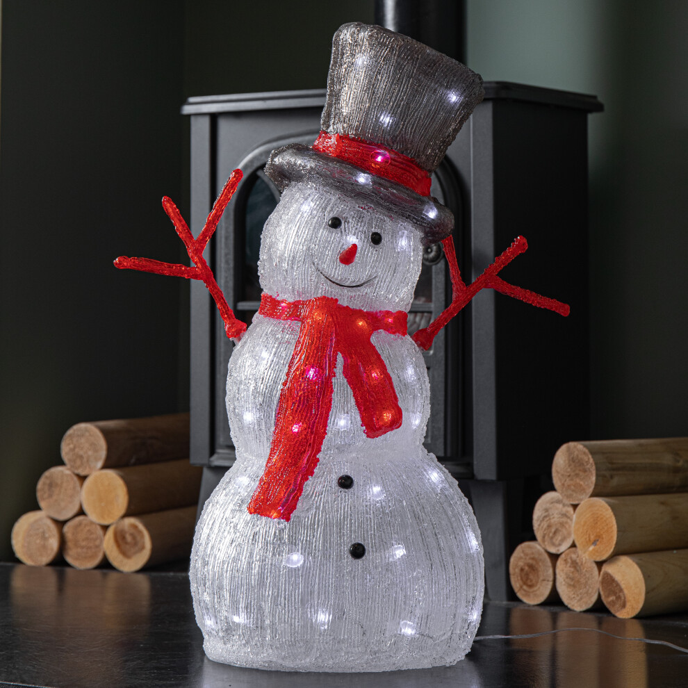 Snow Time 55Cm Up Acrylic Christmas Snowman With Top Hat & Scarf With Leds Light/White