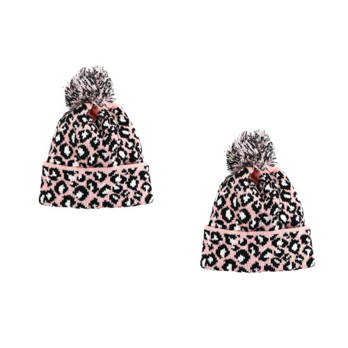 2Stk Winter Wollmütze Rosa, Damen Strickmütze Mit Leopardenprint 2