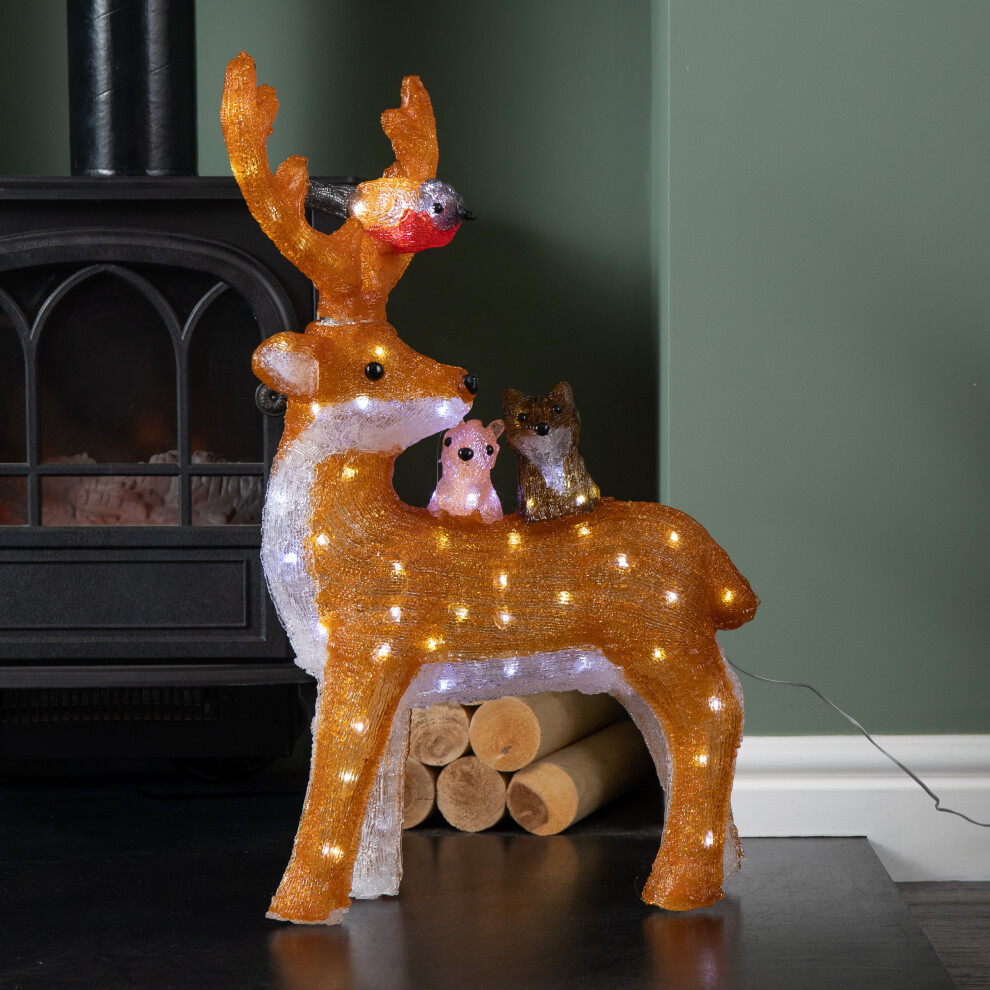 Snow Time Up Acrylic Standing Christmas Deer With Animals And 80 Warm Leds Light/White 60Cm