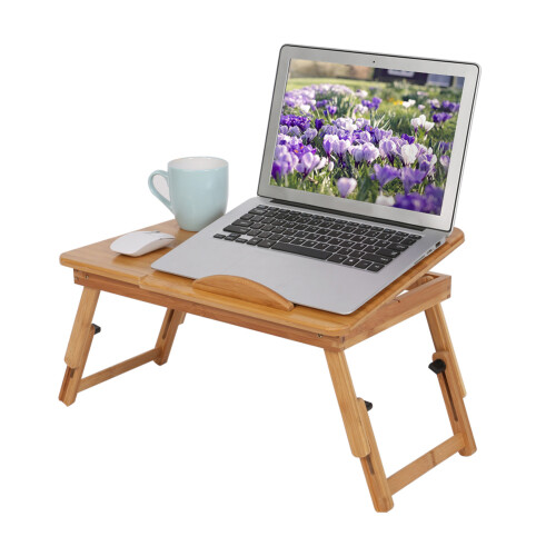 Adjustable Bamboo Laptop Desk Stand with Drawer and Cup Holder