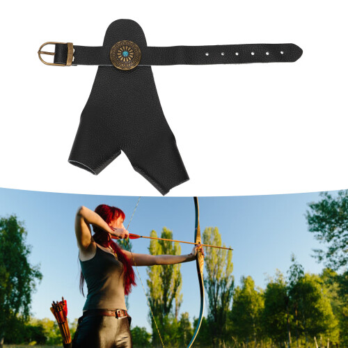 Protective Two-Finger Archery Glove with Adjustable Strap - Black PU Leather
