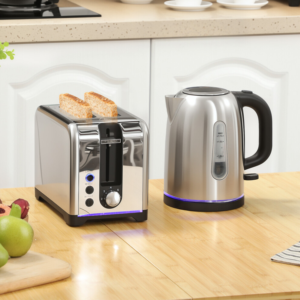 Homcom 1.7L 3000W Rapid Boil Jug Kettle And 2-Slice Toaster Set, Tone Silver