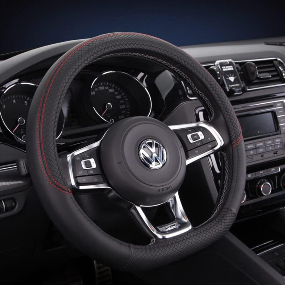 D Shaped Steering Wheel Cover Breathable Pu Leather Microfiber 14.5-15 Inch Anti-Slip Flat Bottom Sport Style - Black/Red 9084446353419