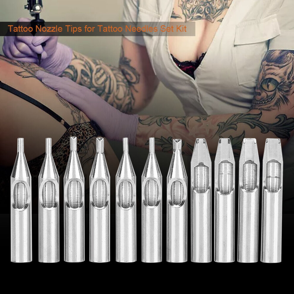 Silver 11Pcs Stainless Steel Tattoo Nozzle Tips Set - 11 Sizes,