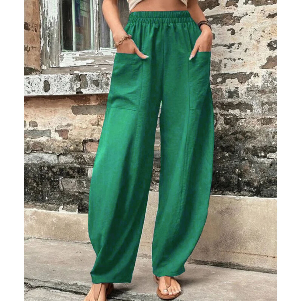 Women Wide Leg Elastic Waist Pants with Pockets - Green XL-image-OPC-PM29CFT-NEW