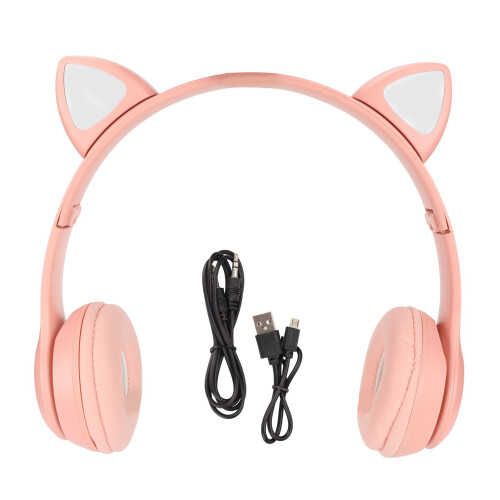 (Pink) Bluetooth Cat Ear Headphone Foldable LED Light Kids Wireless Pink