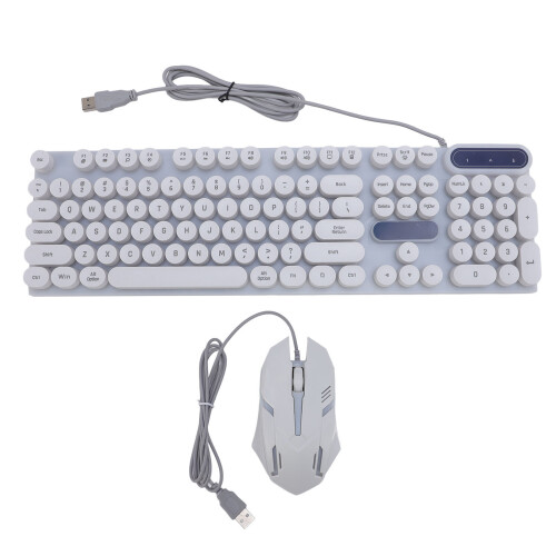 (D500 White Punk Set) USB Typewriter Keyboard Mouse Combo Backlit 1600DPI Retro Gaming White