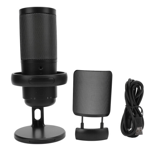 (Black) Gaming Mic USB Condenser RGB Light Mute Pop Filter Black